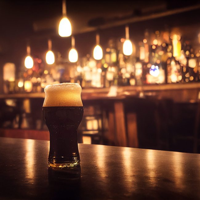 Close-up on smooth glass full of cold delicious tasty beer, with a bar in the background